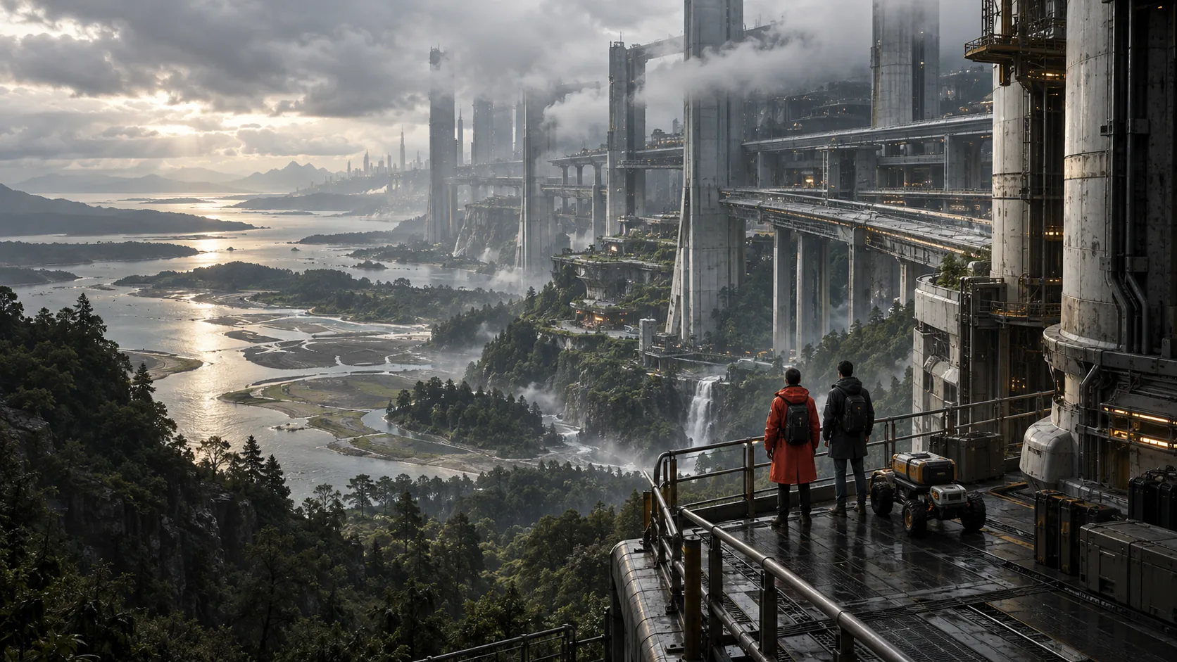Two travellers beside an estuary beyond the megastructures