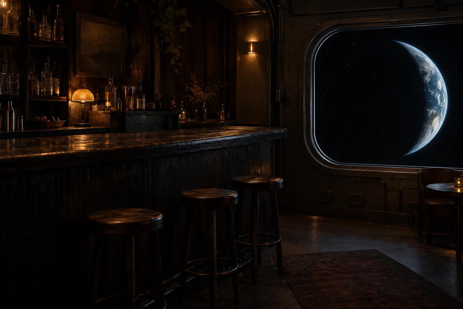 The wooden counter and Earth window at Sunstray