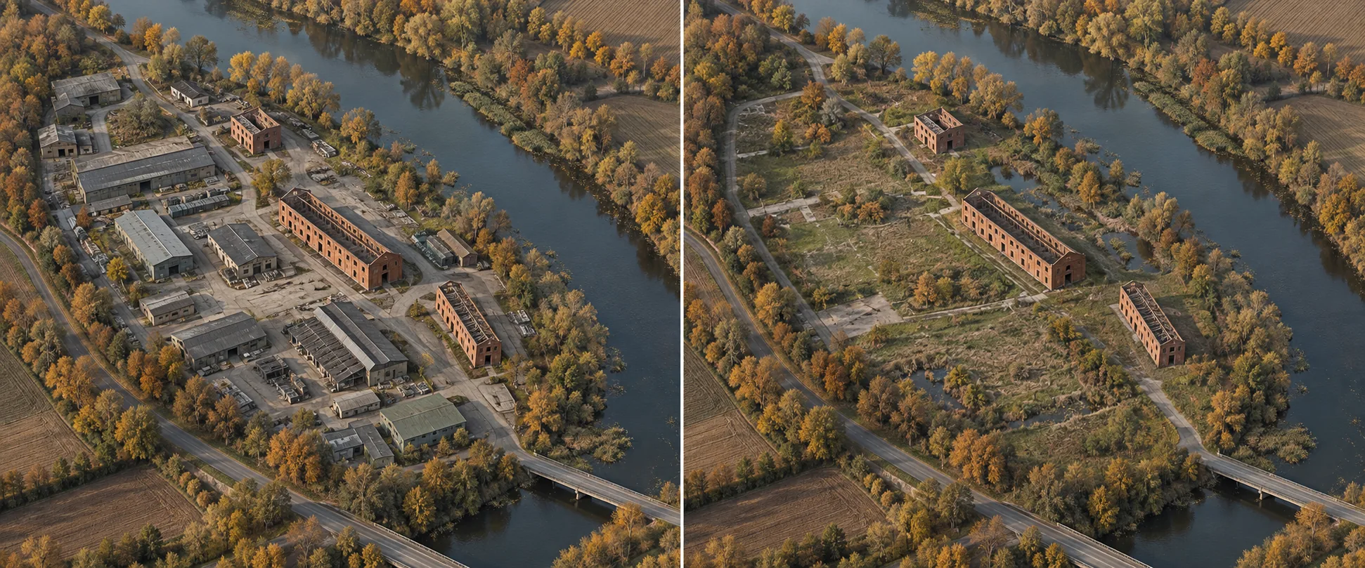 The river and retained brick shells of Reserve 9